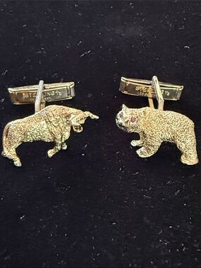 Les Bernard Vintage Sterling Silver Gold Vermeil Bull Bear Wall Street Cufflinks